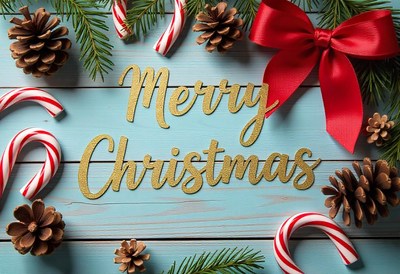 Merry christmas decorations on a blue wooden background