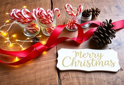 Three glass jars filled with candy canes sit on a wood table