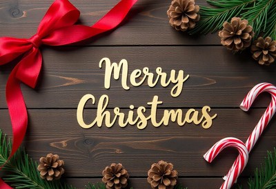 A festive christmas message with a red bow and pine cones