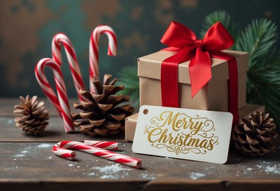 Gift box with a red bow, candy canes, and pine cones
