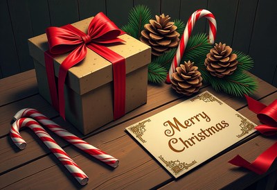 A gift with a red bow on a wooden table