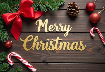 Gold merry christmas text on wood with ornaments