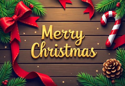 Wood background with red bow, pine, and candy cane