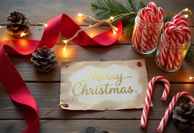 Christmas card with candy canes and lights