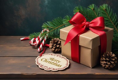 Brown gift box with red bow on a wooden table