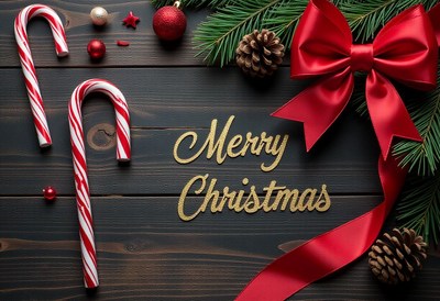 Candy canes and a bow on a wooden background