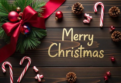 Wood surface with christmas ornaments and candy canes