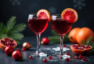 Two wine glasses with citrus on a festive table