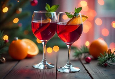 Two glasses of red wine with orange slices and mint leaves