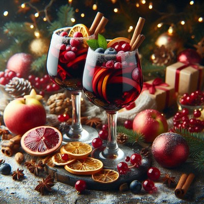 Two spiced red wine glasses on a decorated table