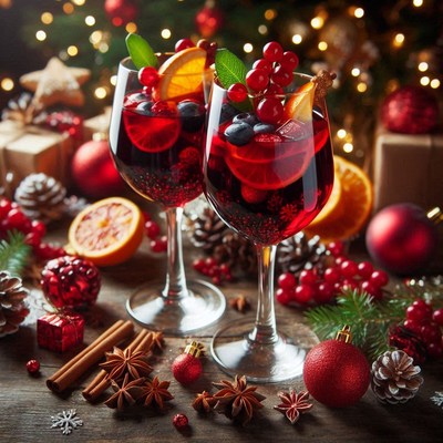 Two glasses of red wine with fruit and spices on a table