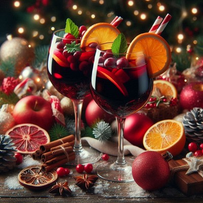 Two wine glasses on a table with christmas decor