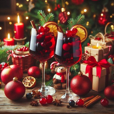 Two wine glasses with fruit on a festive table