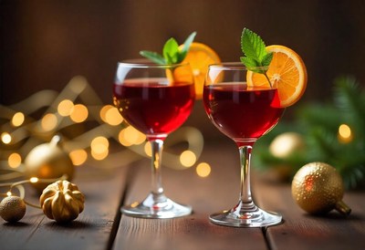 Red wine with orange and mint by christmas lights
