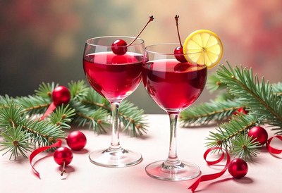 Two wine glasses with cherries and lemon on a table