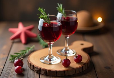 Two glasses of red wine with rosemary on a wooden table