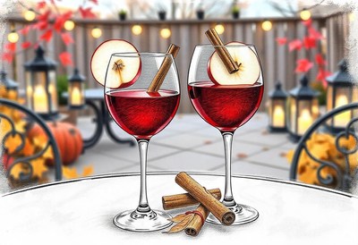 Two glasses of red wine with apple and cinnamon on a patio