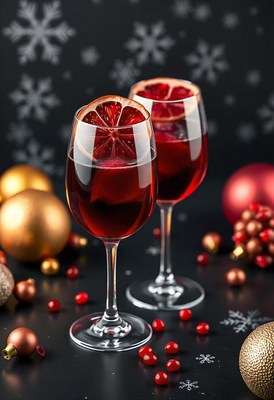 Two wine glasses with orange slices on a black table