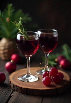 Red wine glasses with rosemary on a wooden board