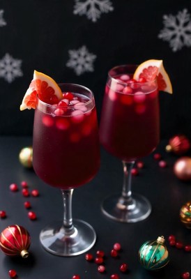 Two pomegranate cocktails with christmas decor