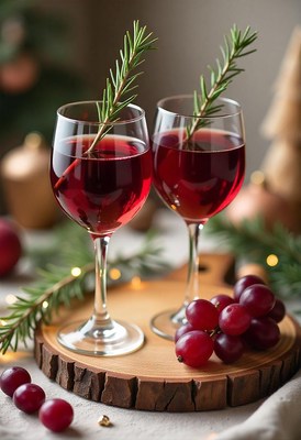 Two red wines with rosemary on a wooden board