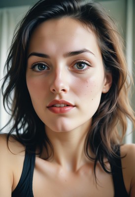 A young woman with brown hair looks directly at the camera