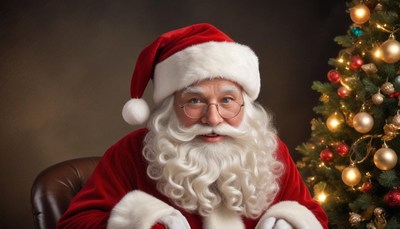 Santa claus smiles in his red suit by a christmas tree