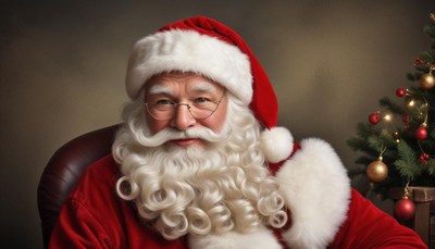 Santa claus smiles in front of a christmas tree