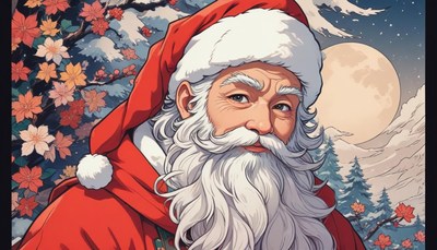 Santa claus smiles in a wintery scene