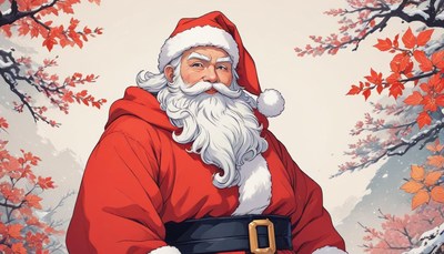 Santa stands in a snowy forest with red leaves