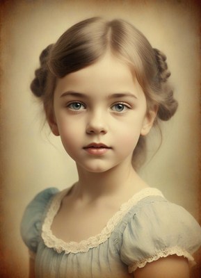A young girl with blue eyes stares into the camera
