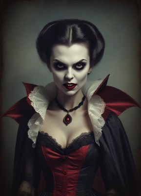 A woman dressed as a vampire stares intensely at the camera
