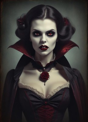 A woman in a red velvet collar stares into the camera