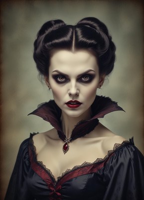 A woman in dark makeup and a bold collar stares