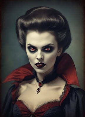 A vampire woman with red eyes stares intensely at the camera