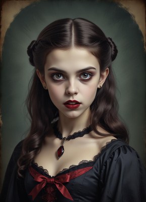 Young woman with dark hair and red lips gazes intently