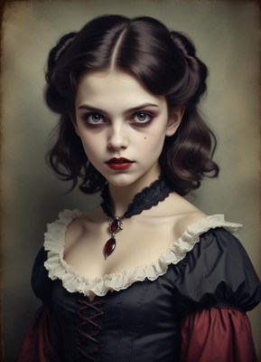 Dark-haired woman with red lips stares intently