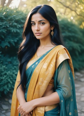 A woman in a yellow and green saree stands in a garden