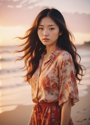 A woman in a floral dress stands on a beach at sunset