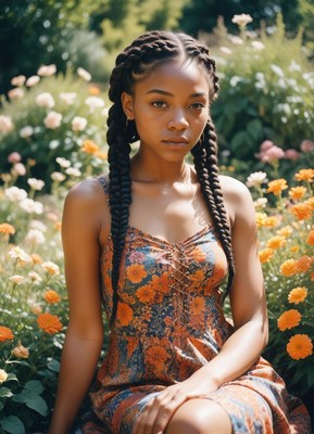 A woman sits in a garden with flowers