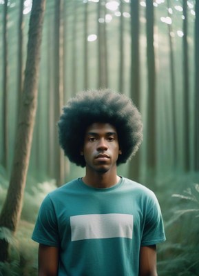 A man stands in a forest of tall trees