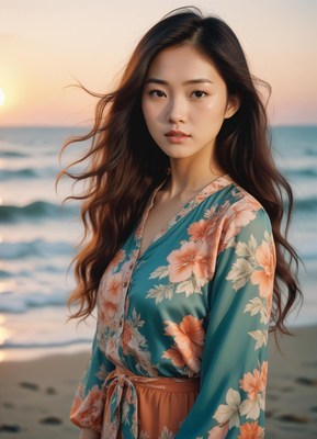 A woman in a floral dress stands on a beach at sunset