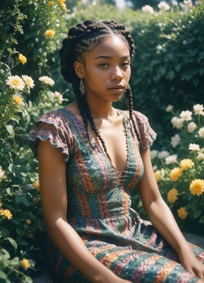 A woman with braids sits in a garden