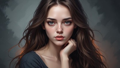 Young woman with long brown hair gazes at camera