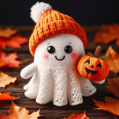A cute ghost wearing a knitted hat holds a pumpkin