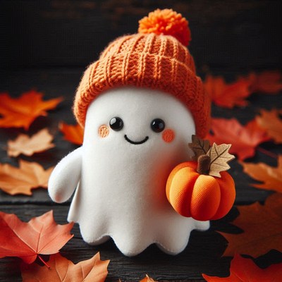 A hat-wearing ghost holds a pumpkin on leaves
