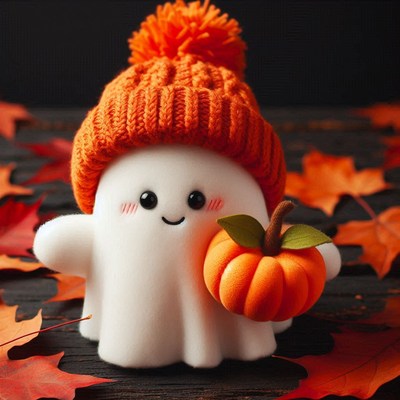 A cute ghost in a hat holds a pumpkin with leaves