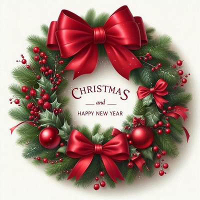 A festive christmas wreath with red bows and ornaments