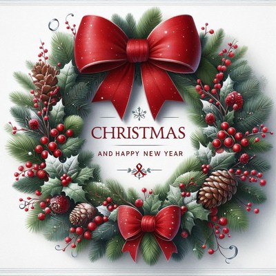 A festive christmas wreath with red berries and pine cones