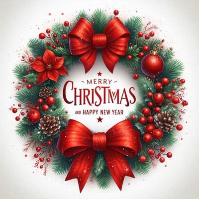 A festive christmas wreath with red bows and ornaments